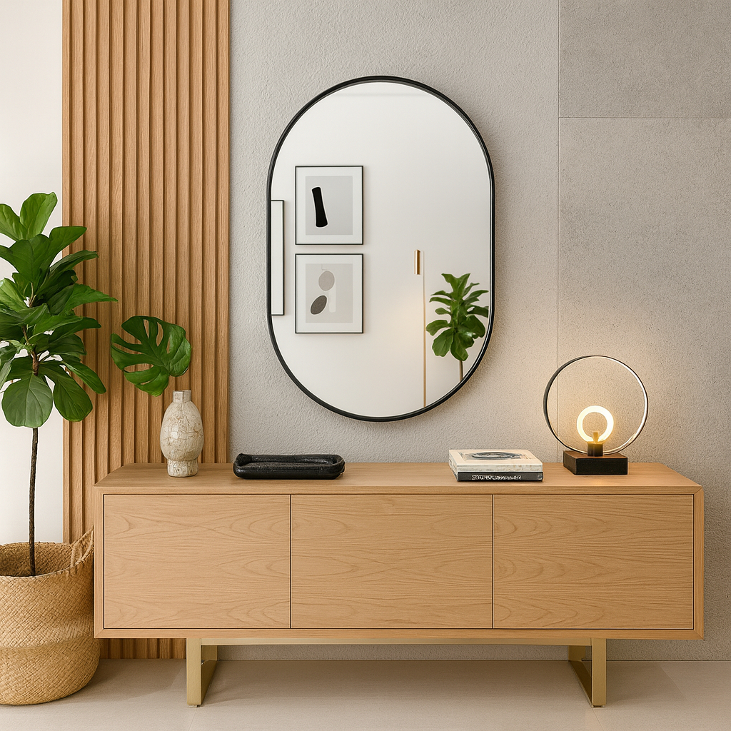 Espelho Oval Cápsula 60×40 cm – Espelho Decorativo com Moldura em Couro Costurado