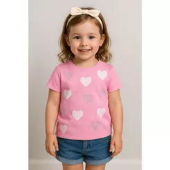 BLUSA CAMISETA INFANTIL CORAÇÃO CANELADA MANGA CURTA LUXO MENINAS