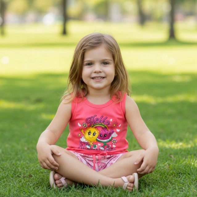Conjunto Infantil Menina Verão Hello Summer Regata Estampada + Short Frufru (1 ao 3)