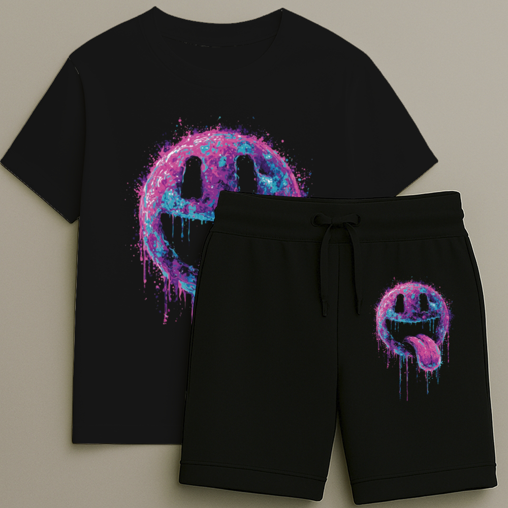 Camiseta e Bermuda Infantil Masculina Estampa Sorriso Roxo Premium Alta Qualidade Do Tamanho 2 ao 16