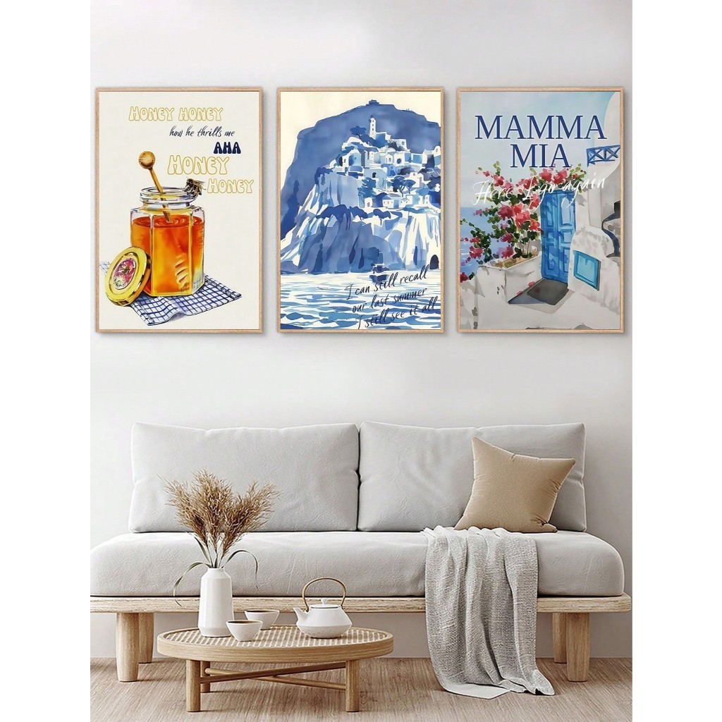 Quadros decorativos Mamma Mia Grécia mel vintage musical (3 peças)