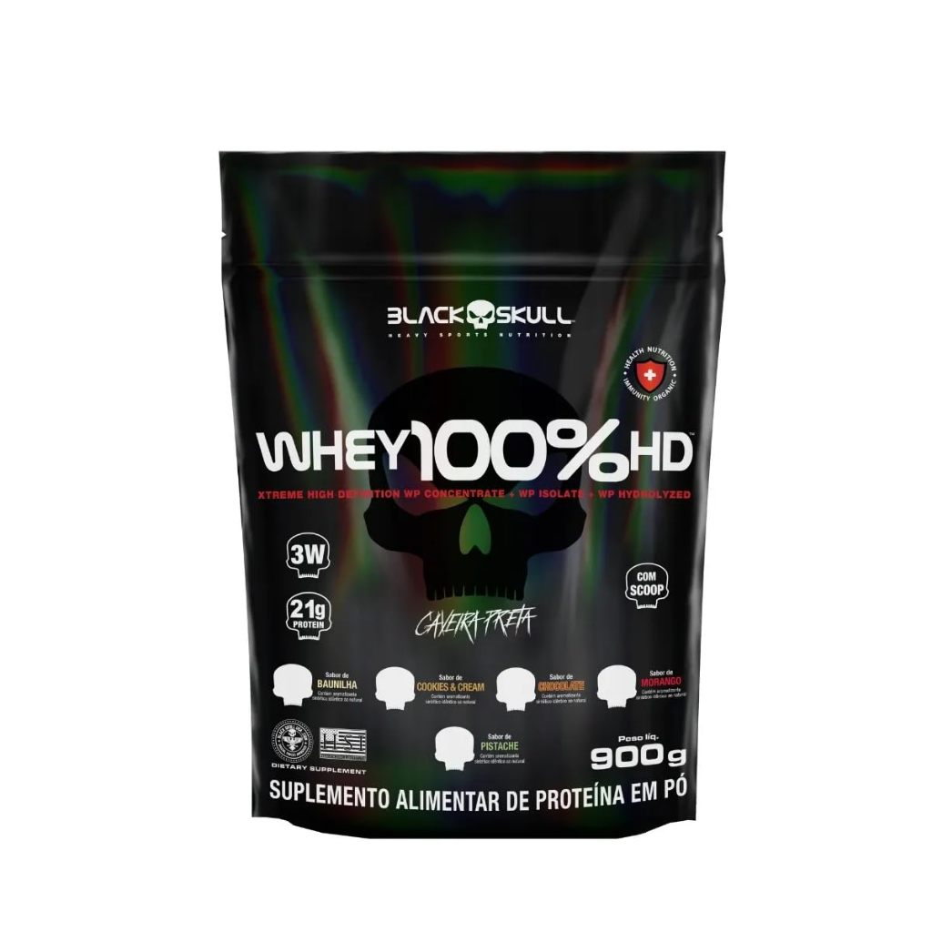 Whey Protein 100% HD Black Skull Chocolate 900g Refil 3W Concentrado Isolado Hidrolisado BCAA