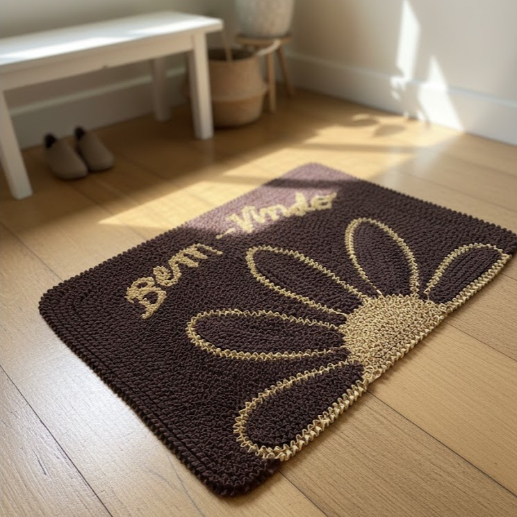 Tapete Frufru Bem-Vindo Floral Marrom com Dourado Antiderrapante Lavável na Máquina 70x50