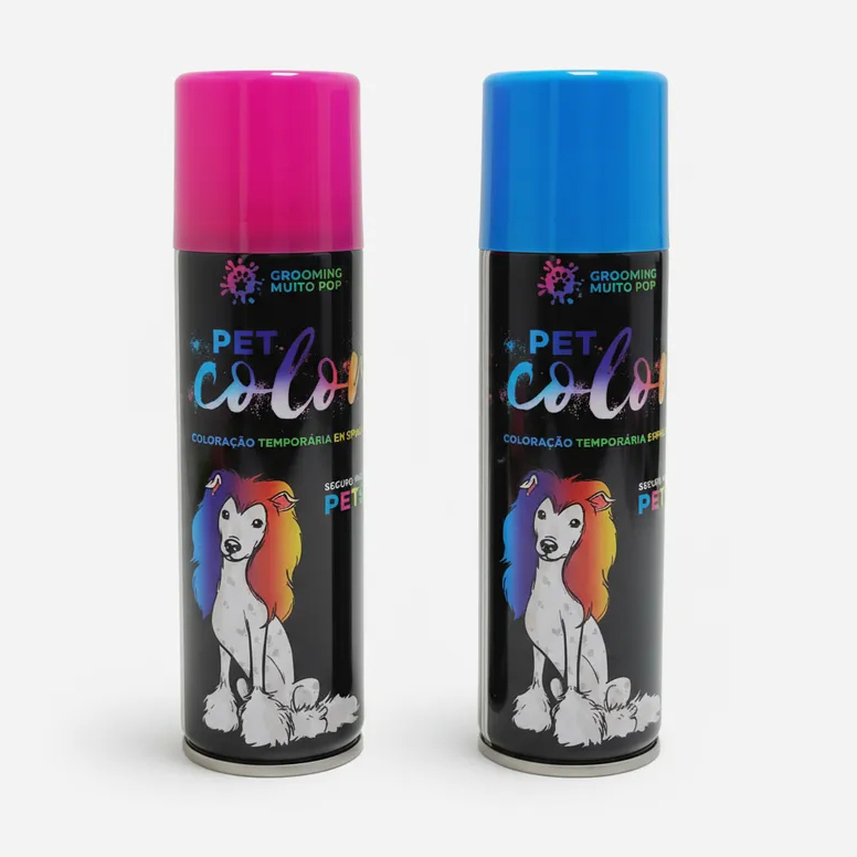2 Tintas Spray Pet Carnaval Fantasia Tinta - Cães E Gatos - Pet Color Cores Rosa e Azul Fácil Aplicação - Coloração Pet