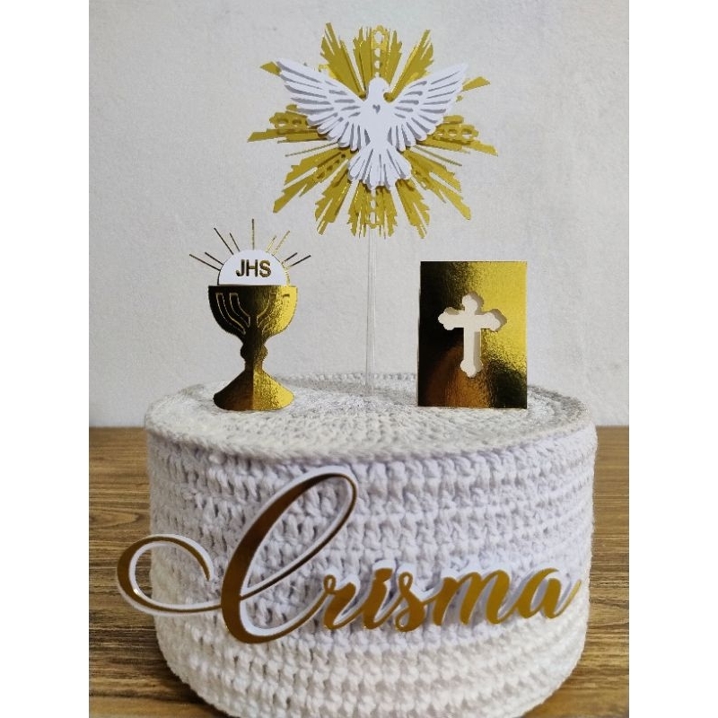 Topo de Bolo Crisma Espírito Santo Dourado – Comunhão, Batizado, Eucaristia, Primeira Comunhão Personalizado