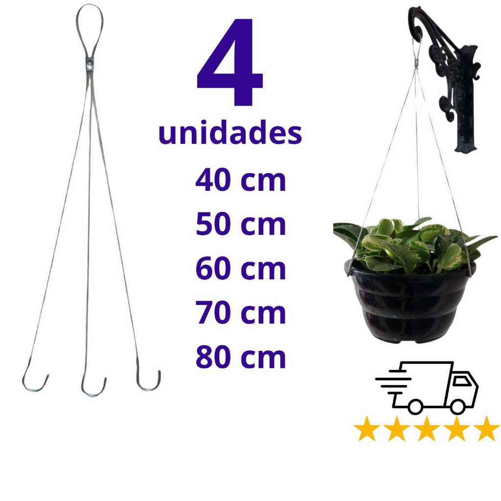 Kit c/1 ou  4un Cabo de aço Corrente p/ pendurar Vaso Planta Flor Suporte c/ 3 ou 4 Gancho