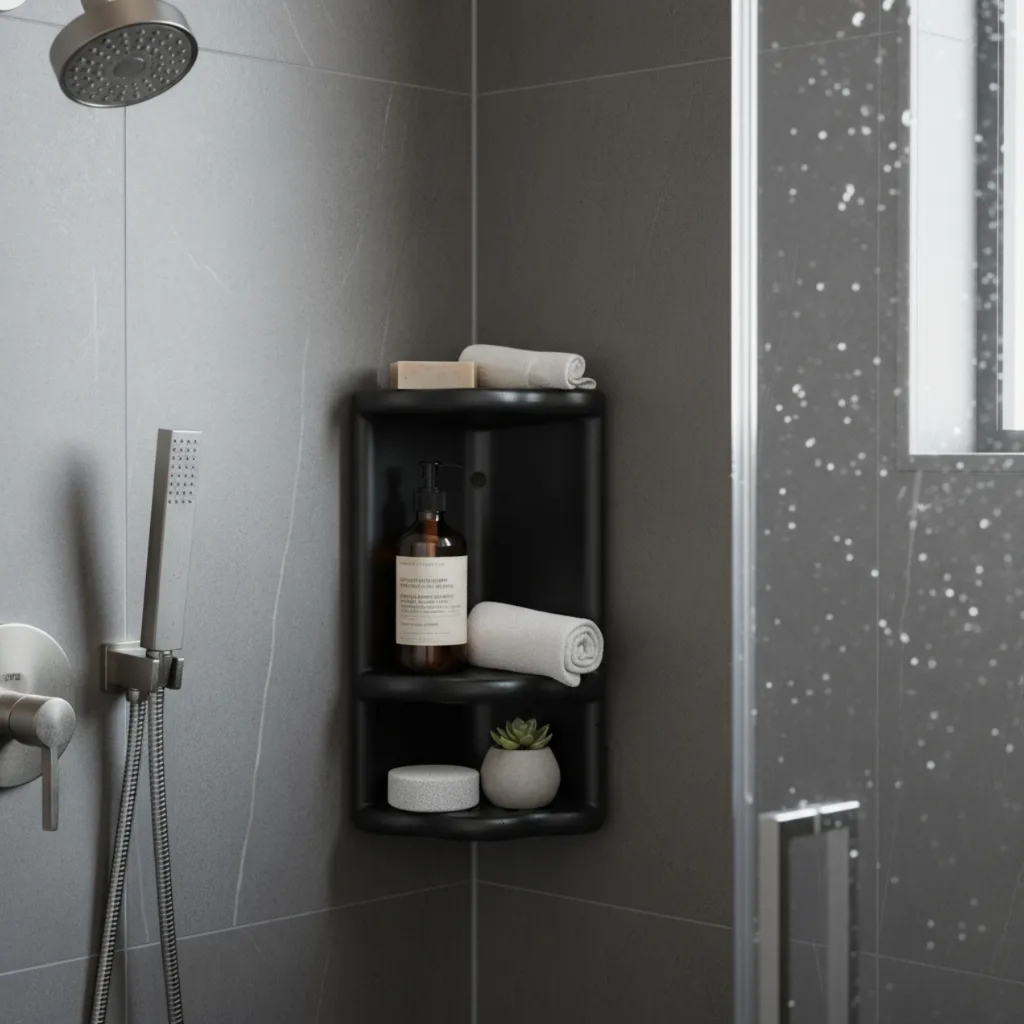 Cantoneira De Banheiro Plástica Preta Suporte De Parede Organizador De Canto Porta Shampoo, Sabonete E Itens De Higiene