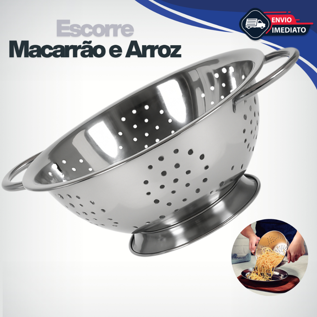 Escorredor De Macarrão Arroz Alimentos Em Aço Inox Pequeno 23cm em Oferta na Shopee