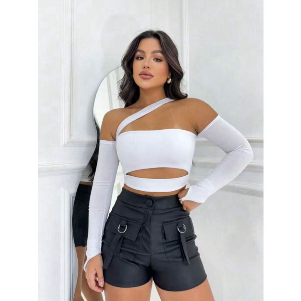 Cropped Maya Manga Longa Feminina Recortes Faixa Moda Blogueira Gringa Decotado Ombro a Ombro