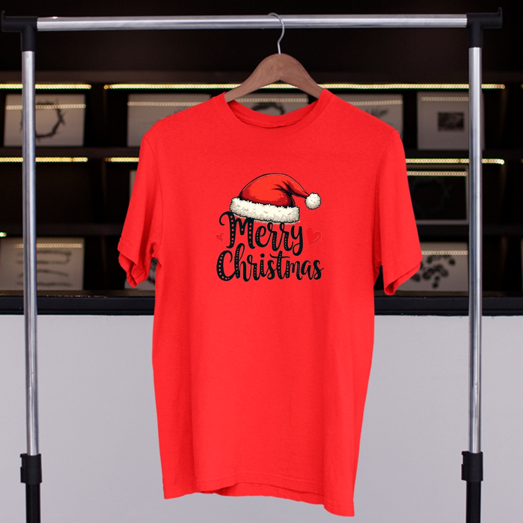 Camiseta Unissex Slim Estampada 100% Algodão Gorro Papai Noel Feliz Natal Natalino Merry Christmas