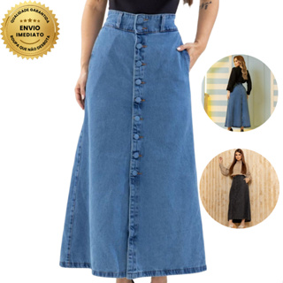 Saia Longa Midi Vintage, Azul Claro ou Azul Escuro Jeans Feminina Cintura Alta com Botões em Oferta na Shopee