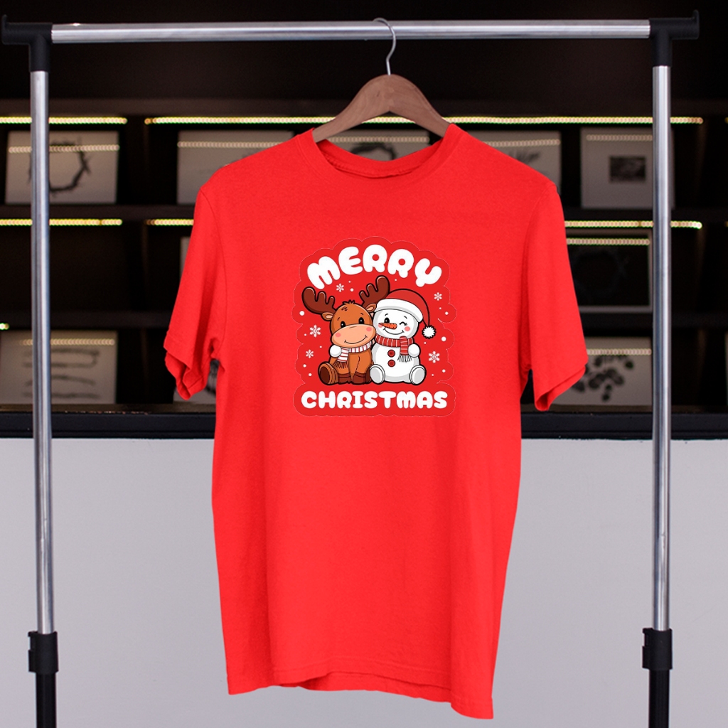 Camiseta Unissex Slim Estampada 100% Algodão Rena e Boneco de Neve Feliz Natal Natalino Merry Christmas