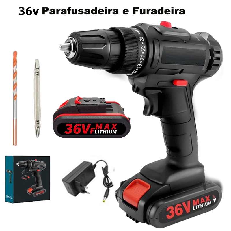 Parafusadeira Furadeira 36v Elétrica Sem Fio Com 1 Baterias 36v Recarregável +Acessórios 2 peças/Caixa de papel em Oferta na Shopee