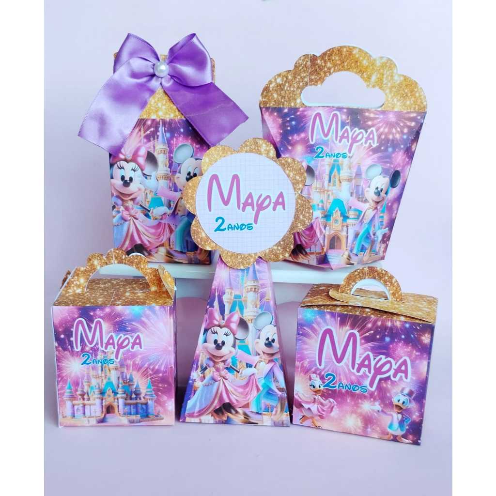 Kit 50 Caixas Disney 50 Anos Festa Personalizados Lembrancinhas Caixinhas Aniversário Minnie MIckey Pegue e Monte