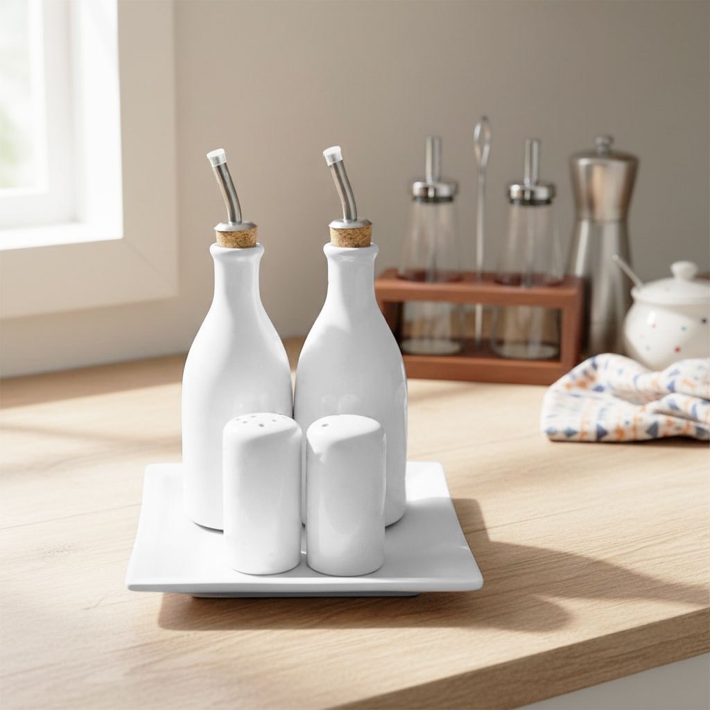 Conjunto Galheteiro Porcelana Bandeja Quadrada Branco