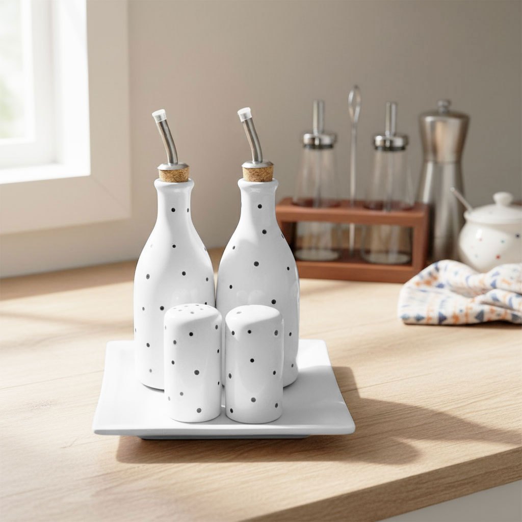 Conjunto Galheteiro Porcelana Bandeja Quadrada Branco Poá Preto