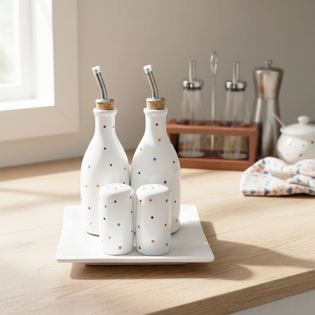Conjunto Galheteiro Porcelana Bandeja Quadrada Branco Poá