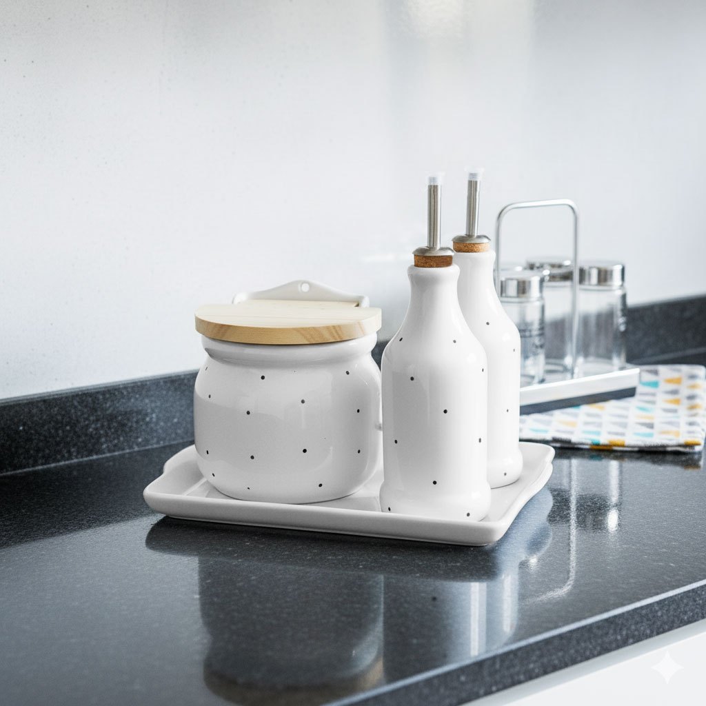 Conjunto Bandeja Saleiro e Galheteiro Porcelana Poá Preto