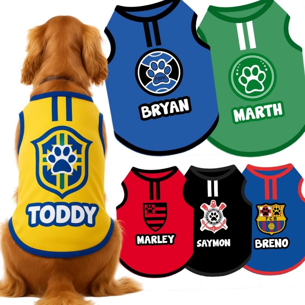 Roupa de time pet regata para cachorro cães e gatos futebol com nome tam Xpp ao G em Oferta na Shopee