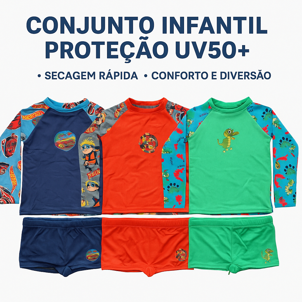 Conjunto Infantil Proteção UV50+ Sunga Boxer + Camiseta Manga Longa Diversas Estampas de Personagens