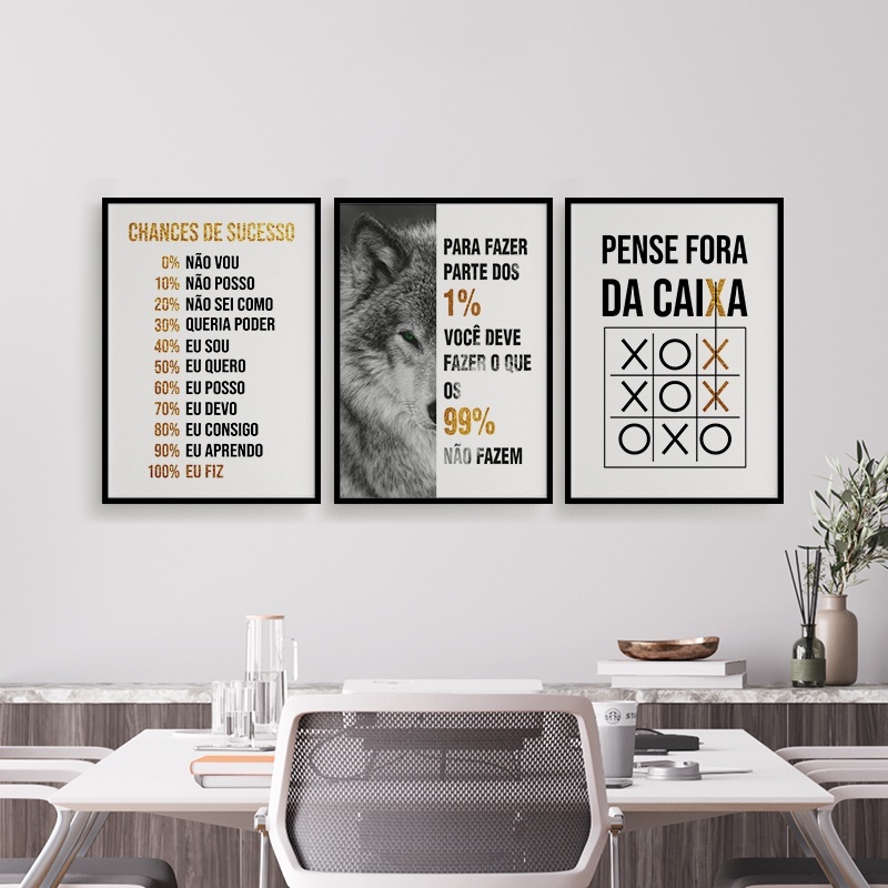Trio quadros decorativos estudos motivação pense fora da caixa decoração para quarto