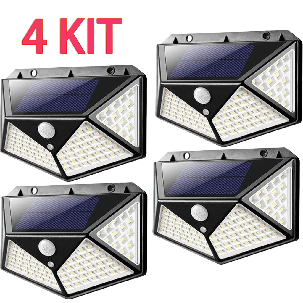 4 Luminária Solar 100 Led Com Sensor Prova D'Água Refletor Solar Parede Luz Led Solar Luminaria