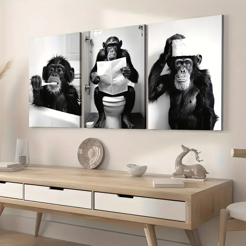 Kit 3 Painel Macaco na Escada Banheiro MDF Engraçado Banheiro Lavabo Humor Autocolante