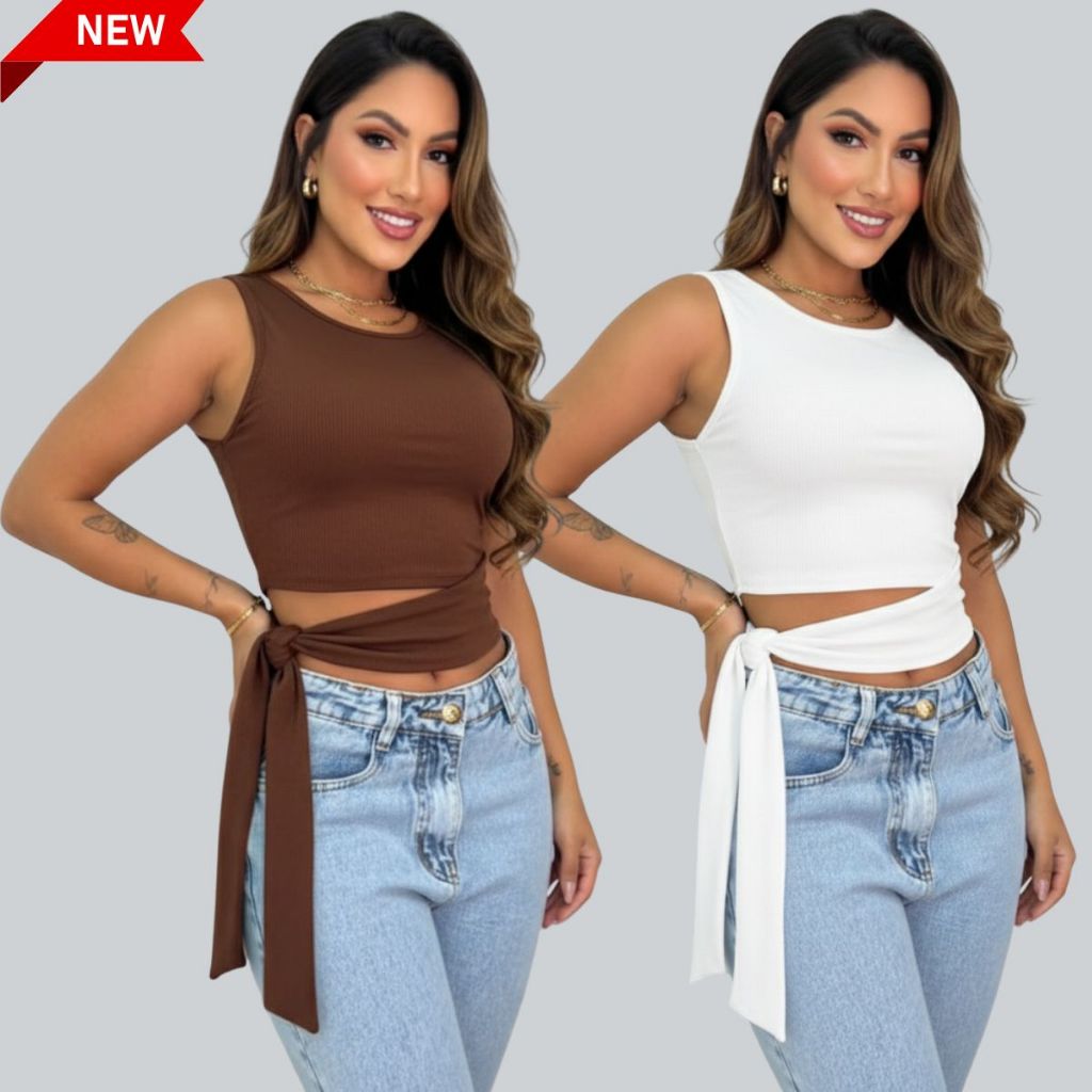 Kit 2 Croppeds Femininos Suplex com Forro e Laço Lateral – Moda Verão, Blogueira e Festas de Fim de Ano