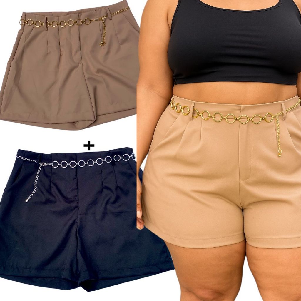 Kit 2 Short Bermuda Feminina Com Cinto De Brinde Plus Size Alfaiataria Premium Elegante Moda shorts Plus Feminino em Oferta na Shopee
