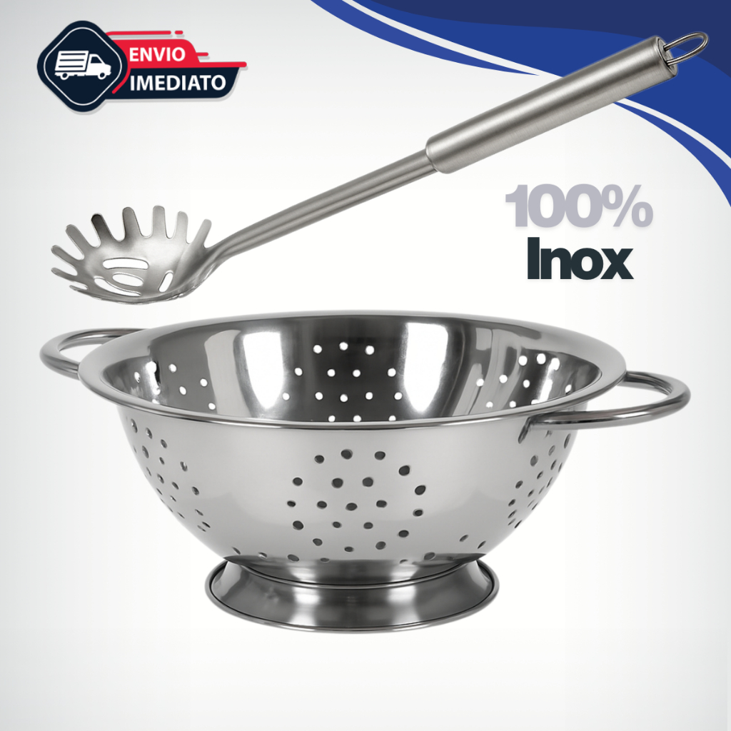 Kit Escorredor Pegador De Macarrão Arroz Massas Alimentos Aço Inox