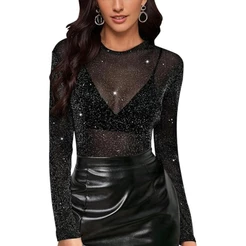 Body Brilho Lurex em Tule – Manga Longa, Transparência Chic, Super Elástico – Veste do P ao GG (36–46)