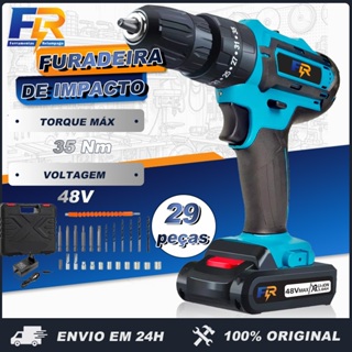Parafusadeira Furadeira Impacto 48V 2Baterias 3 funções Kit de 29PCS em Oferta na Shopee