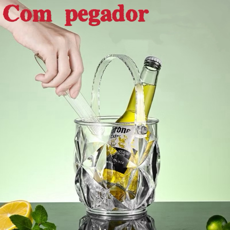 Balde De Gelo Em Acrílico Para Drinks Com Pegador E Alça 1L