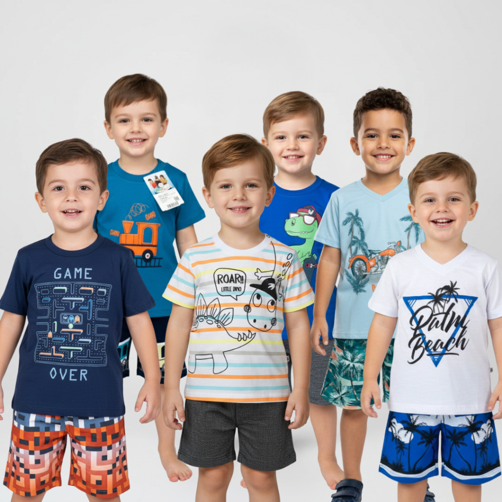 2 Conjuntos Infantil Menino Camiseta e Bermuda Estampas Variadas