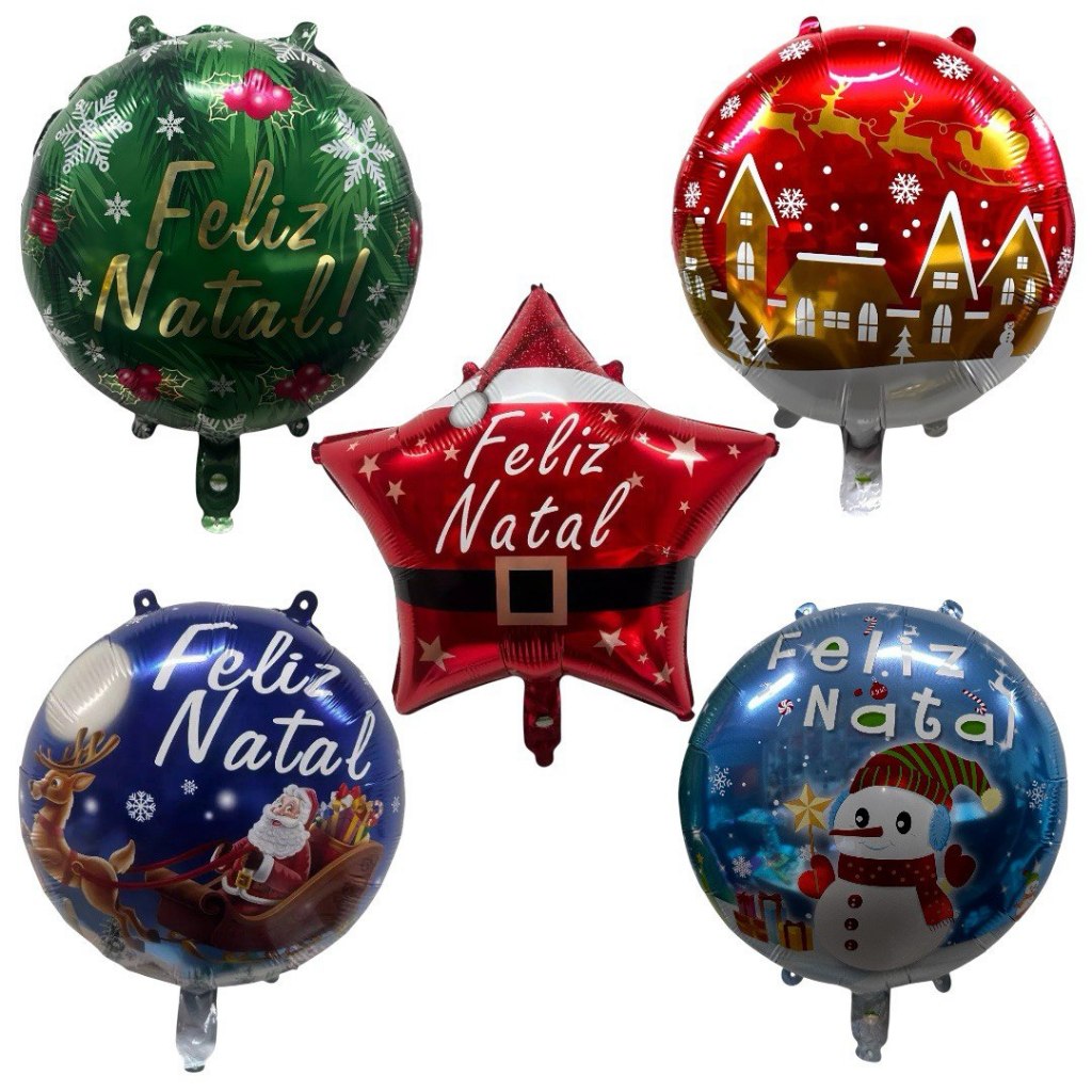 Kit c/ 5 Balão Metalizado Feliz Natal 45cm Festa Decoração Enfeite
