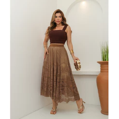 Saia Midi de Renda Feminina Flor Forrada Evangélica Elegante Casaul Festa 3RD SD1749