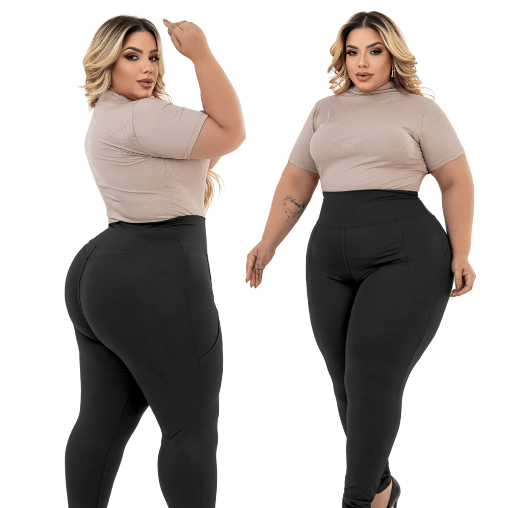Kit 2 Calças Legging Feminina Cós Alto Leg Tecido Grosso Efeito Lipo Com Bolso Do P ao G4