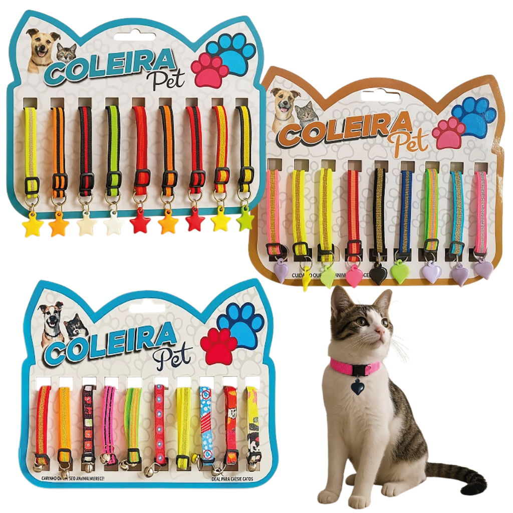 Cartela 10 Coleiras Para Gatos Cores Diversas E Estampas Pet em Oferta na Shopee