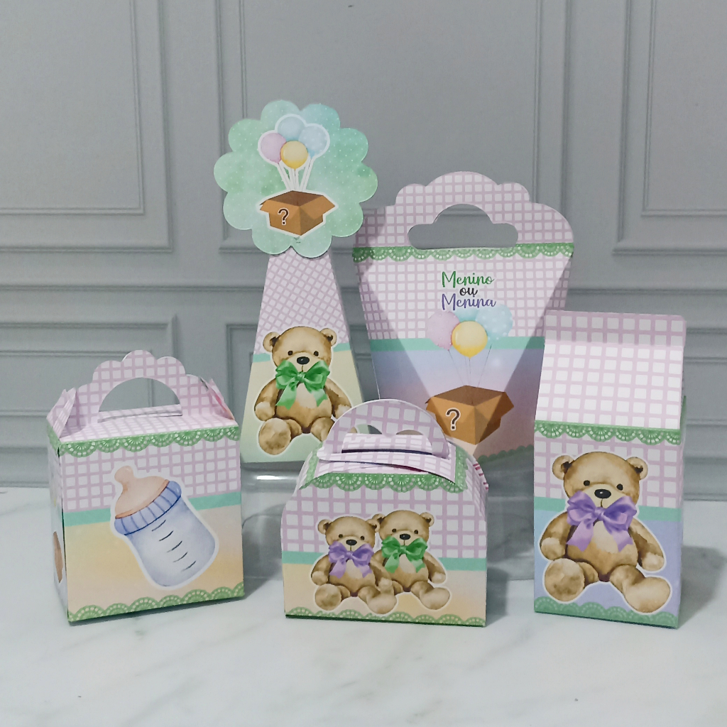 Kit Festa Ursinho Lilás e Verde Chá revelação Lembrancinhas Caixinhas para festas
