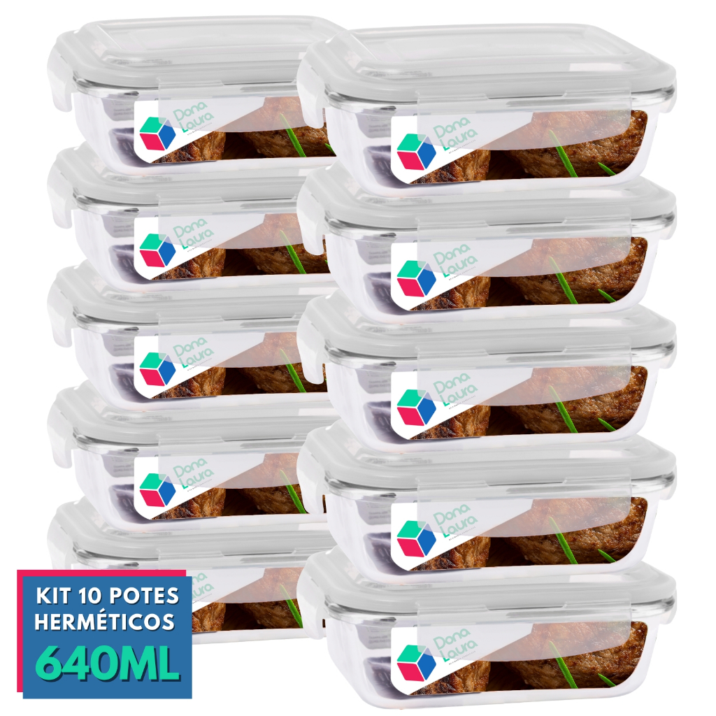 Kit 2 a 10 Potes de Vidro 640ml Hermético Marmita Fit com Tampa 4 Travas - Dona Laura em Oferta na Shopee
