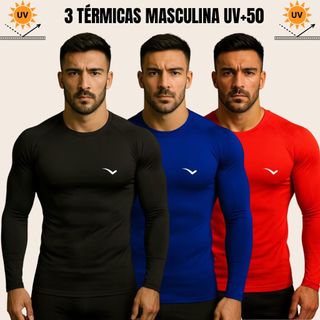 Kit com 3 camisas térmicas com proteção solar UV 50+