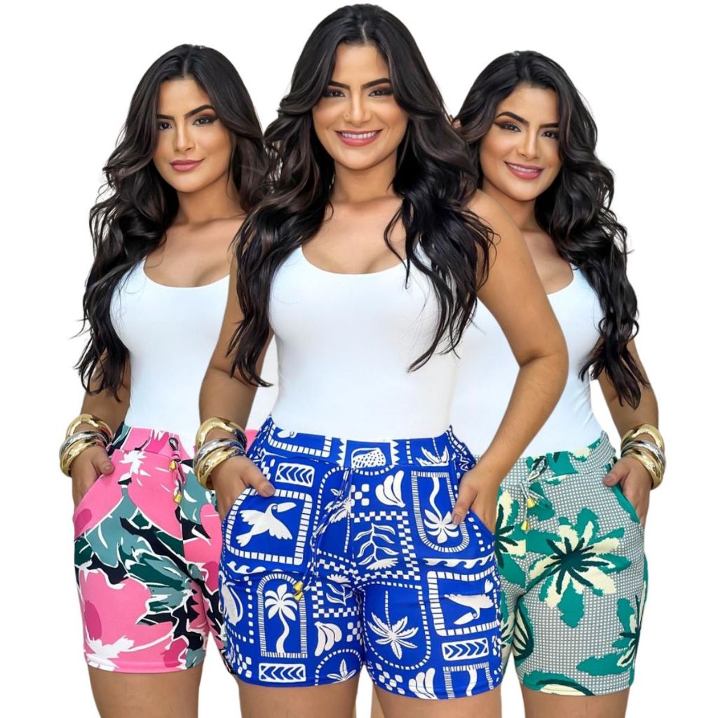 Shorts malha crepe feminino liso listrado floral cores variadas kit combo em Oferta na Shopee