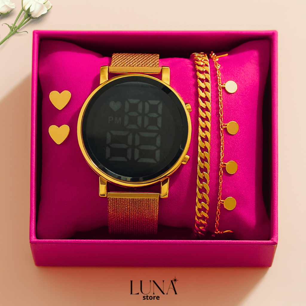 Relógio Feminino Redondo Digital LED Com Pulseira Brinco