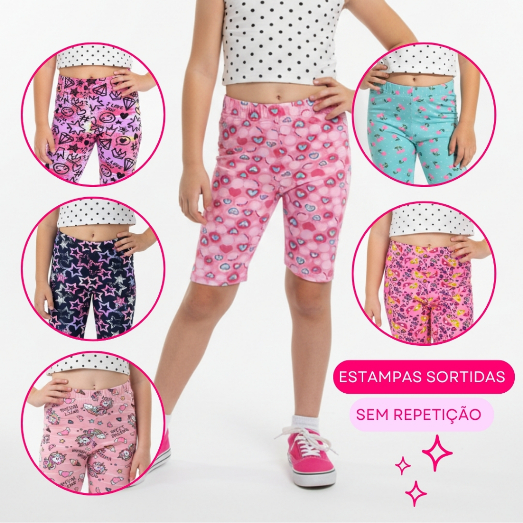 Kit 04 Bermudas Ciclista Shorts Infantil Feminino Menina Cotton Estampado Sortido