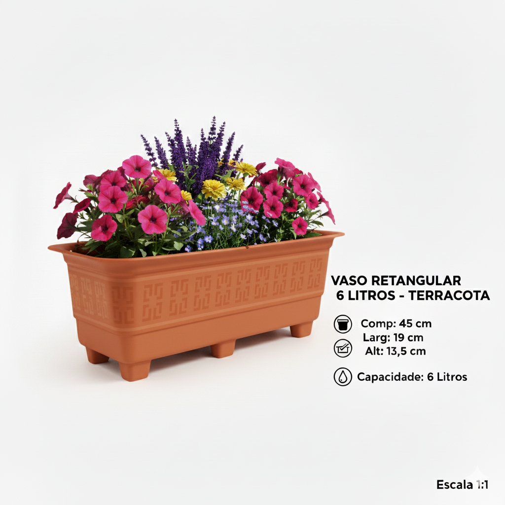 Kit com 3 Vasos Floreira Retangular 6 Litros Color Para Plantas e Hortas