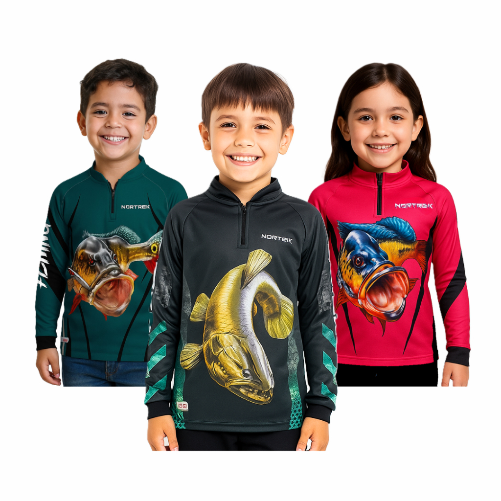 Camisa De Pesca Infantil Criança c/ Proteção Solar UV50, Gola Zíper, Punho Elastico ESCOLHA O MODELO