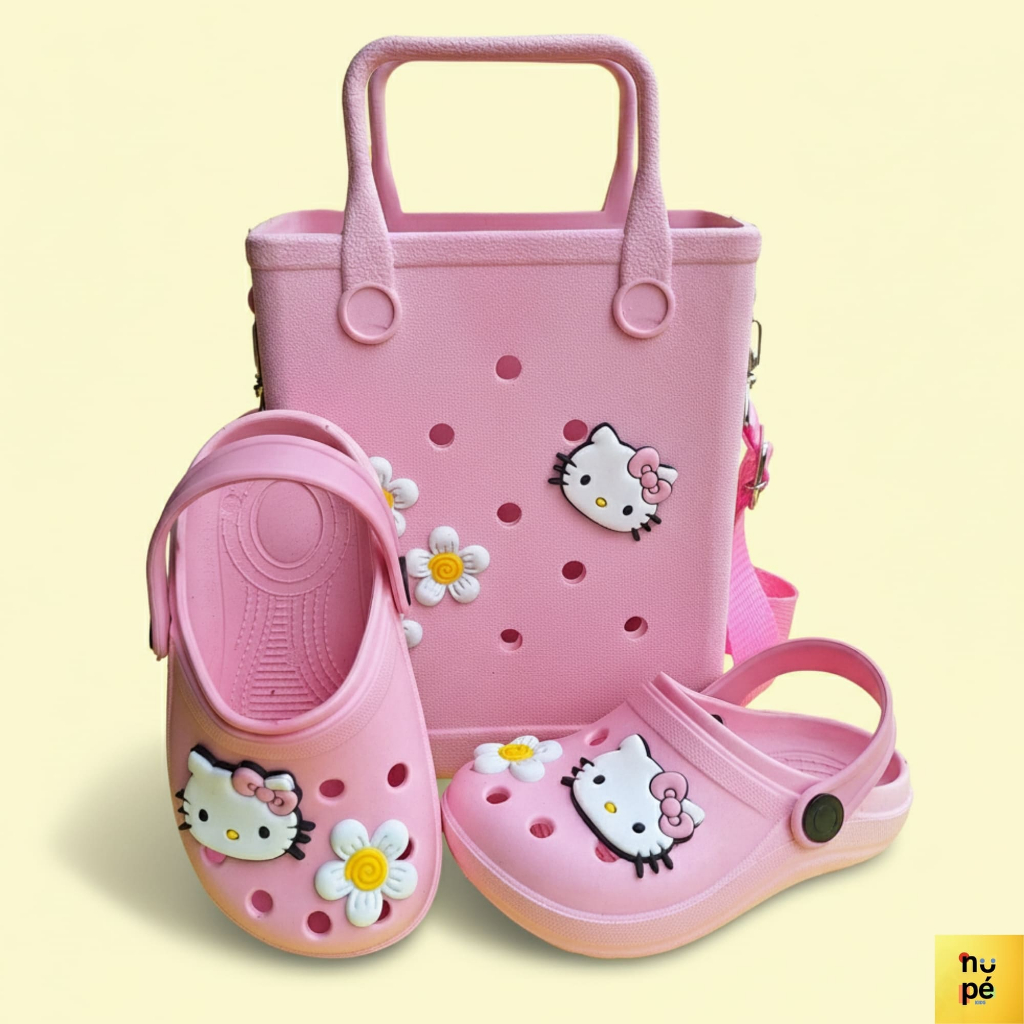 Sandália Infantil Babuche Menina Hello Flor Kitty Bolsa Kit volta as aulas Delicado escolar Passeio