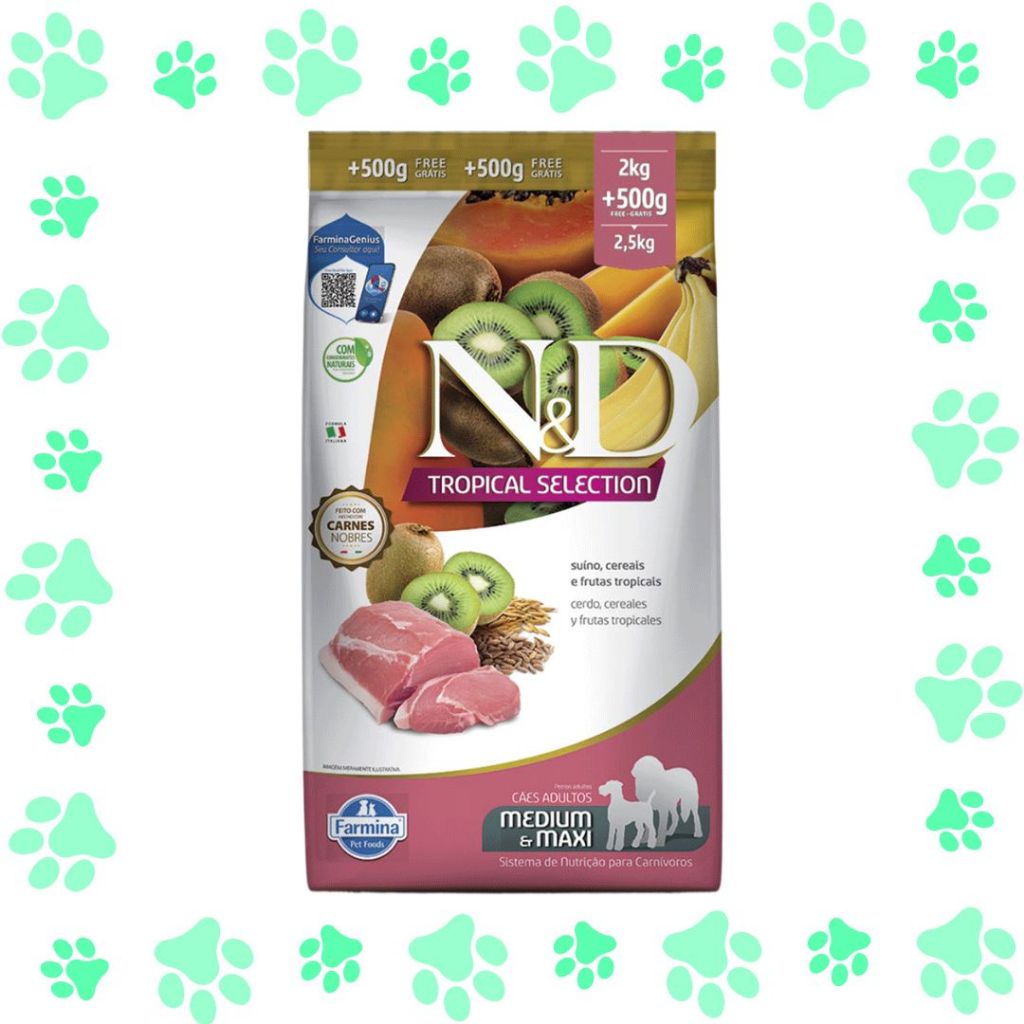 Ração Para Cachorros Adultos Médios e Grandes Sabor Suíno 2kg + 500g N&D Tropical
