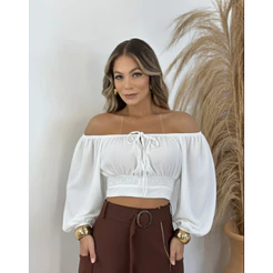 Cropped Manga Bufante Princesa Branco Ombro a Ombro Verão 2025 Decote Amarração Moda Gringa