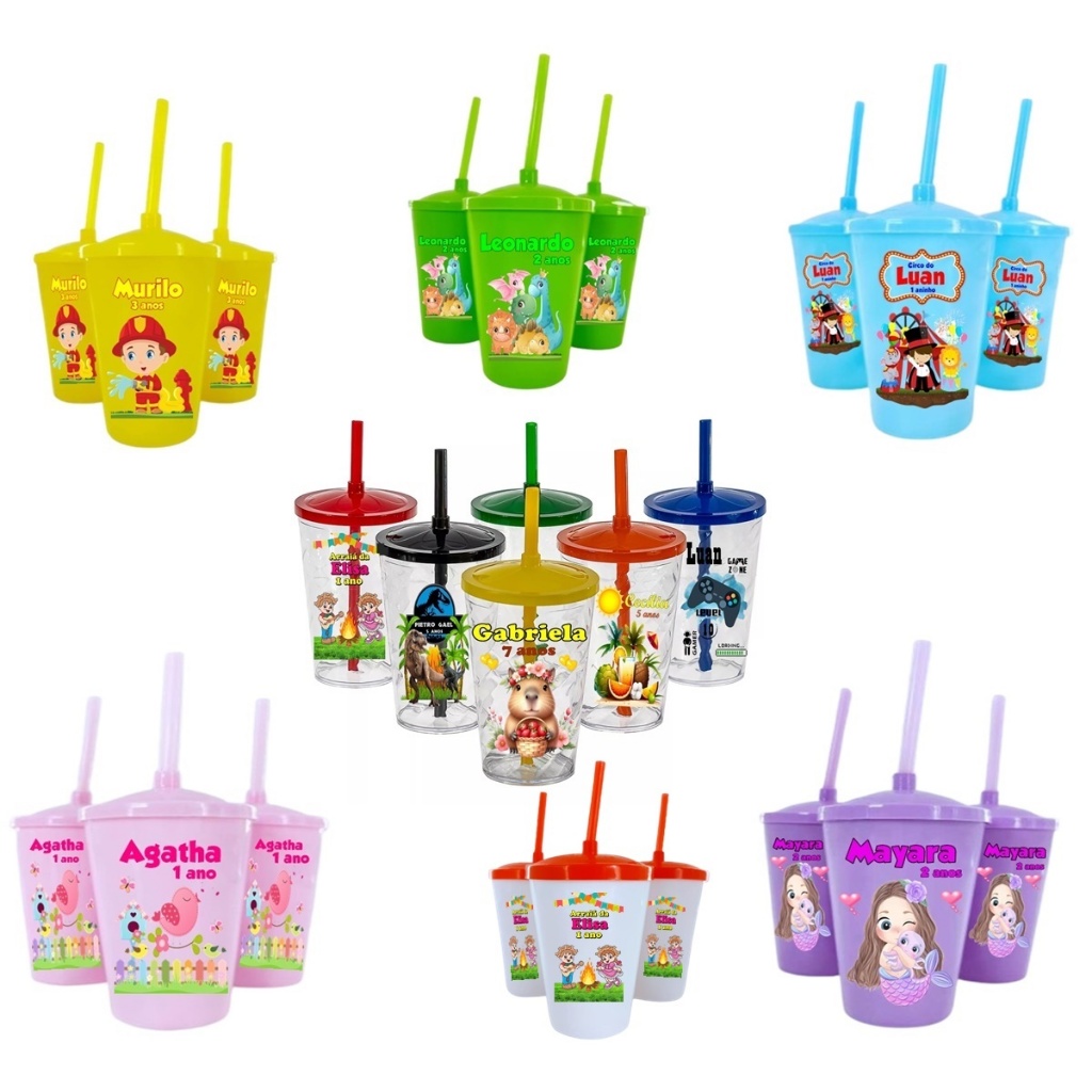 Kit C/ 40 Copos Twister Shake Caldereta Personalizado 400ml C/Tampa e canudo Todos os Temas